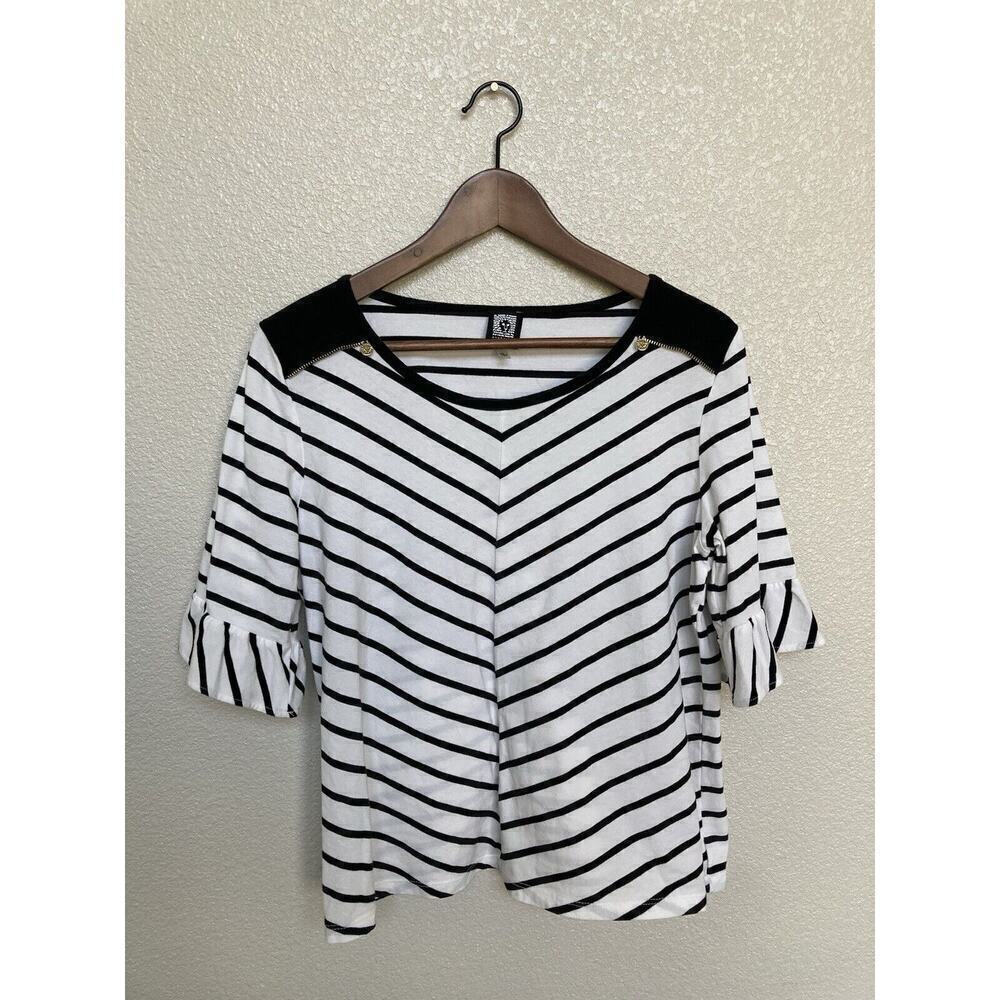 Anne Klein Sport Tshirt sz L black white stripe vneck ruffle half sleeve blouse